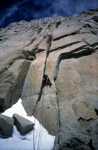 Gregory Crouch on the first ascent of the Old Smuggler's Route on the north face of Aguja Poincenot