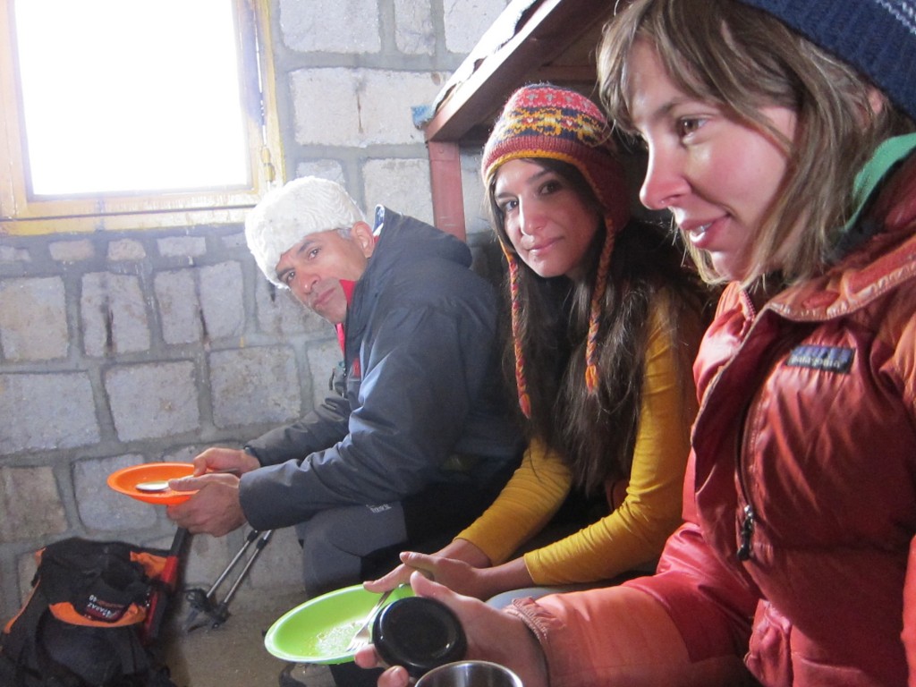 Mohammad Bahrevar, Shaima Shadman, and Jenn Flemming in the Alam Kuh hut