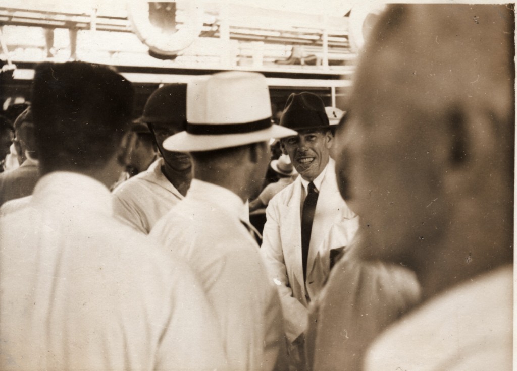 Bixby on the dock, bidding goodbye to his wife and daughters, Aug 17, 1937 (Shirley Wilke Mosley collection)